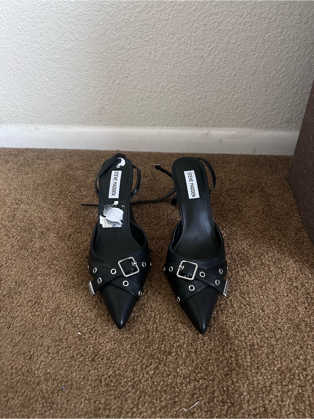 Steve Madden Black Pointed Buckle Slingbacks with Grommet Detail